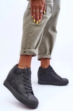 Trampki Skórzane Damskie Na Koturnie Big Star MM274005 Szare