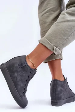 Trampki Skórzane Damskie Na Koturnie Big Star MM274005 Szare