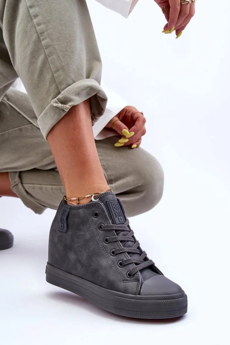 Trampki Skórzane Damskie Na Koturnie Big Star MM274005 Szare