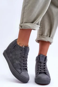 Trampki Skórzane Damskie Na Koturnie Big Star MM274005 Szare