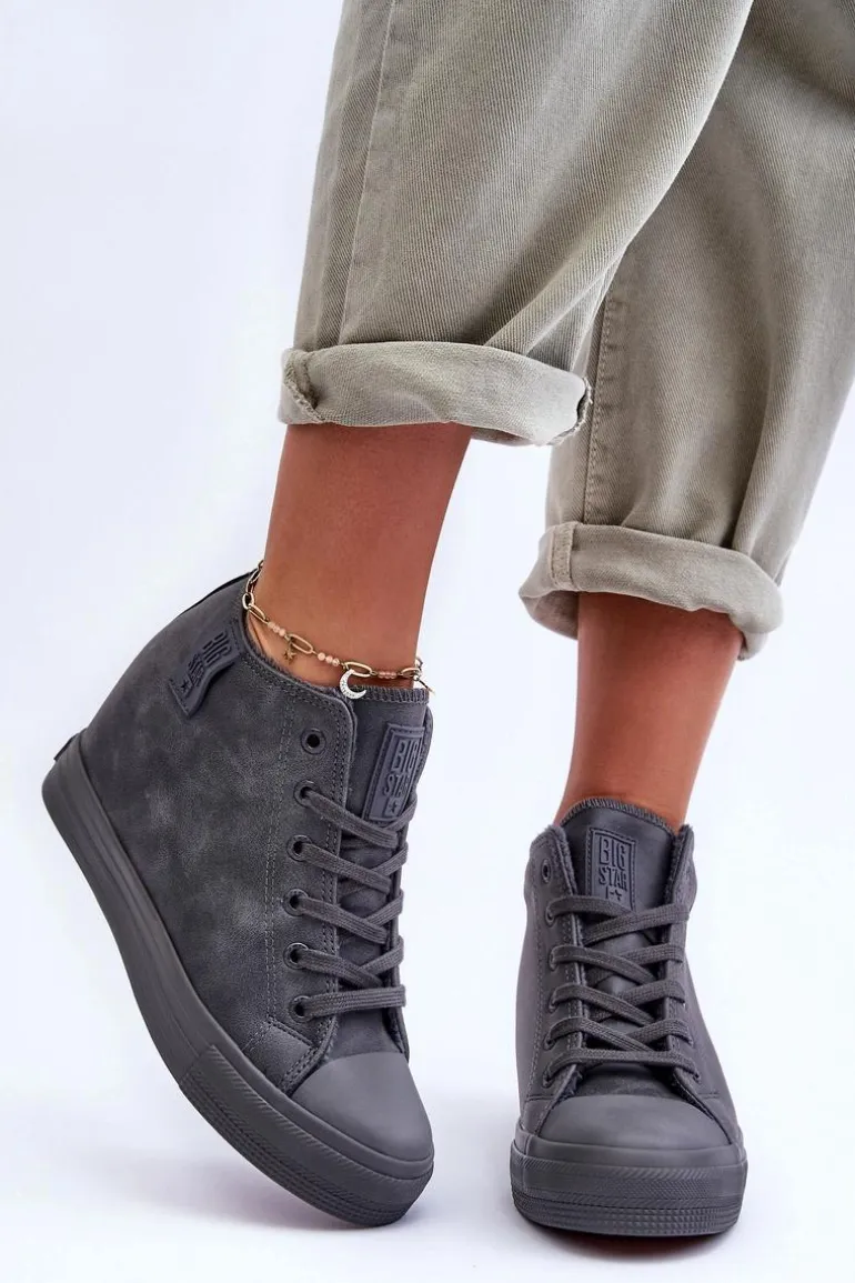 Trampki Skórzane Damskie Na Koturnie Big Star MM274005 Szare