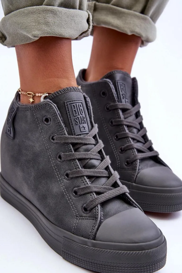 Trampki Skórzane Damskie Na Koturnie Big Star MM274005 Szare