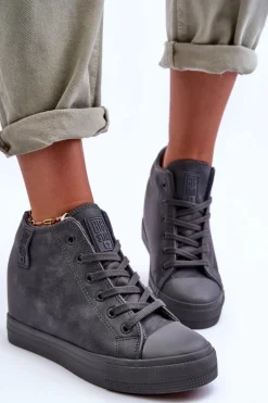 Trampki Skórzane Damskie Na Koturnie Big Star MM274005 Szare