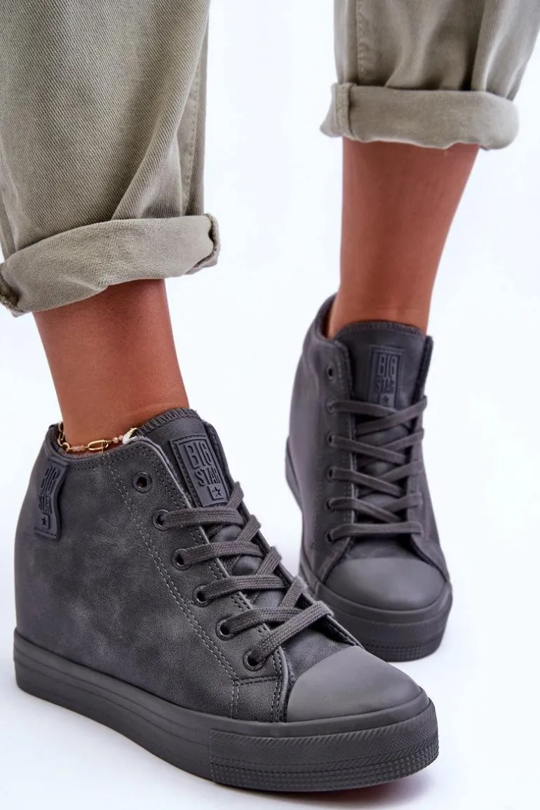 Trampki Skórzane Damskie Na Koturnie Big Star MM274005 Szare