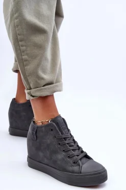 Trampki Skórzane Damskie Na Koturnie Big Star MM274005 Szare