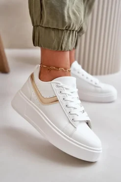 Trampki Sneakersy Damskie Na Platformie Z Eko Skóry Biało-Złote Brennessa