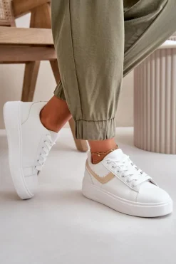 Trampki Sneakersy Damskie Na Platformie Z Eko Skóry Biało-Złote Brennessa
