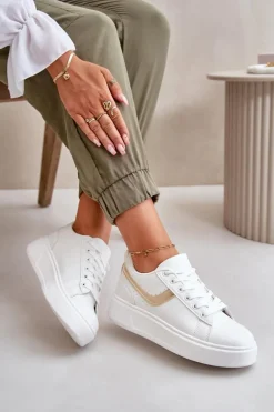Trampki Sneakersy Damskie Na Platformie Z Eko Skóry Biało-Złote Brennessa