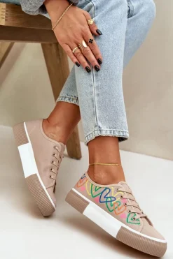 Trampki Tenisówki Damskie W Serca Ciemnobeżowe Fonirea