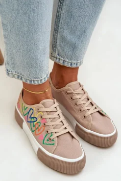 Trampki Tenisówki Damskie W Serca Ciemnobeżowe Fonirea