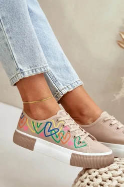 Trampki Tenisówki Damskie W Serca Ciemnobeżowe Fonirea