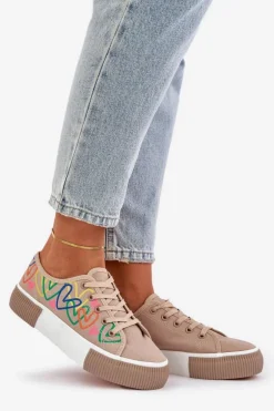 Trampki Tenisówki Damskie W Serca Ciemnobeżowe Fonirea