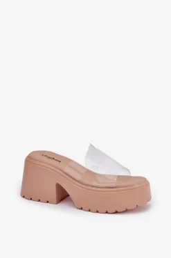 Transparentne Klapki Damskie Na Platformie I Masywnym Obcasie Beżowe Rizana
