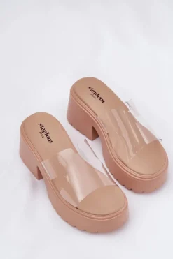 Transparentne Klapki Damskie Na Platformie I Masywnym Obcasie Beżowe Rizana