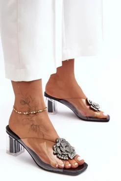 Transparentne Klapki Na Słupku Z Ozdobą Czarne S.Barski MR1037-20