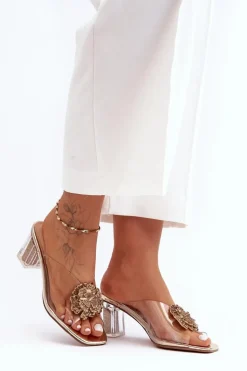 Transparentne Klapki Na Słupku Z Ozdobą Złote S.Barski MR1037-20