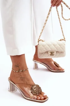 Transparentne Klapki Na Słupku Z Ozdobą Złote S.Barski MR1037-20