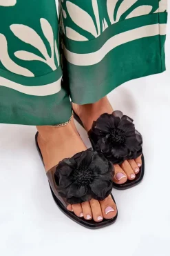 Transparentne Płaskie Klapki Damskie Ze Sztucznym Kwiatem Czarne Vobetta