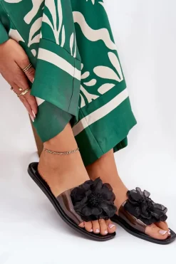 Transparentne Płaskie Klapki Damskie Ze Sztucznym Kwiatem Czarne Vobetta