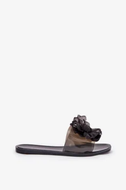 Transparentne Płaskie Klapki Damskie Ze Sztucznym Kwiatem Czarne Vobetta