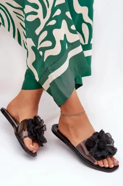 Transparentne Płaskie Klapki Damskie Ze Sztucznym Kwiatem Czarne Vobetta