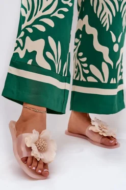 Transparentne Płaskie Klapki Damskie Ze Sztucznym Kwiatem Nude Vobetta