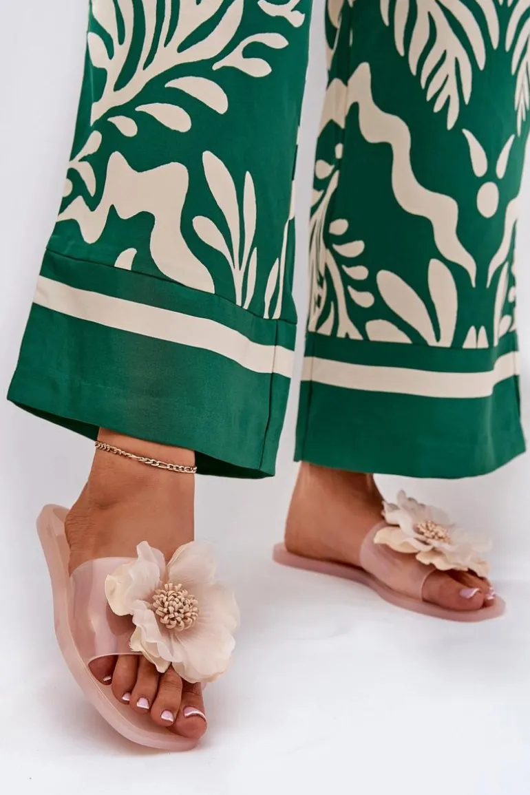 Transparentne Płaskie Klapki Damskie Ze Sztucznym Kwiatem Nude Vobetta