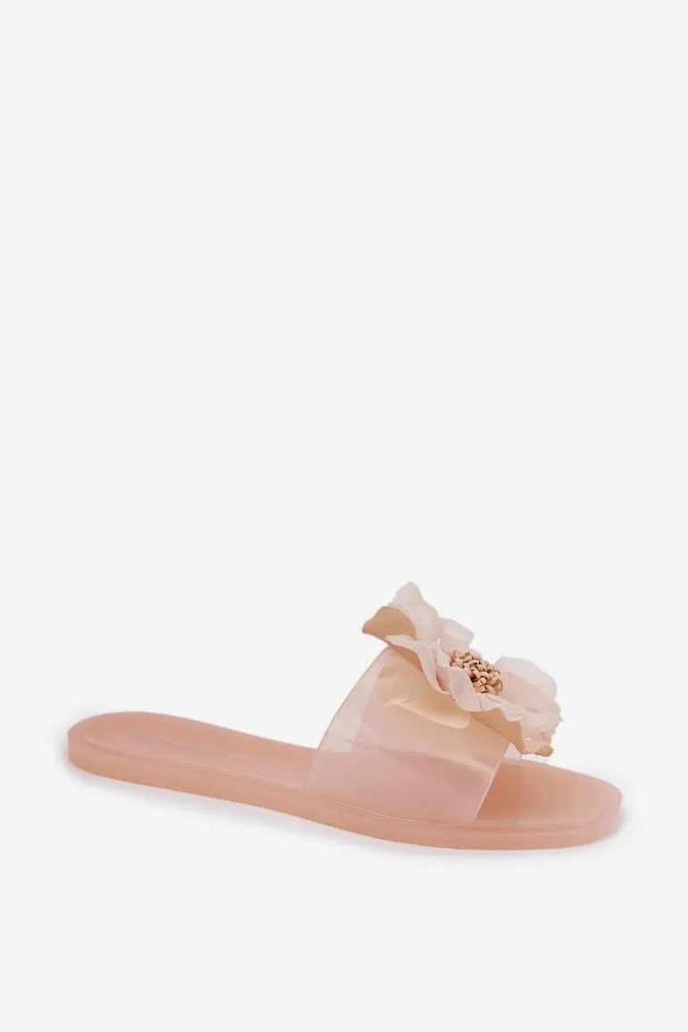 Transparentne Płaskie Klapki Damskie Ze Sztucznym Kwiatem Nude Vobetta