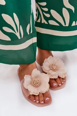 Transparentne Płaskie Klapki Damskie Ze Sztucznym Kwiatem Nude Vobetta