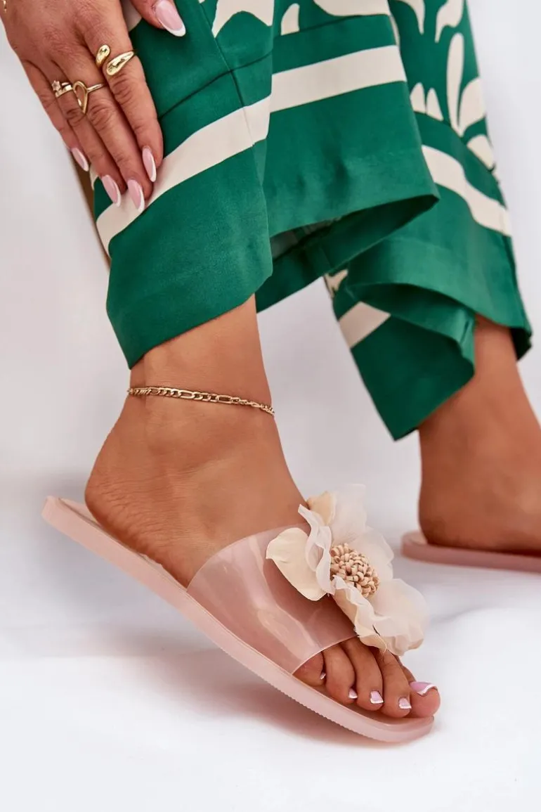 Transparentne Płaskie Klapki Damskie Ze Sztucznym Kwiatem Nude Vobetta