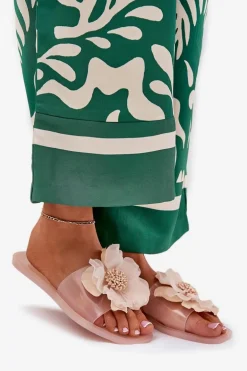 Transparentne Płaskie Klapki Damskie Ze Sztucznym Kwiatem Nude Vobetta