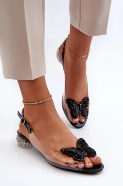 Transparentne Sandały Na Niskim Obcasie Z Motylem Czarne D&A MR38-388