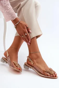 Transparentne Sandały Na Niskim Obcasie Z Motylem Złote D&A MR38-388