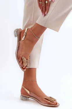 Transparentne Sandały Na Niskim Obcasie Z Motylem Złote D&A MR38-388