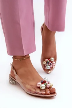 Transparentne Sandały Na Niskim Obcasie Z Ozdobą Różowe Złoto D&A MR38-368