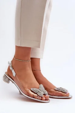 Transparentne Sandały Na Niskim Obcasie Z Motylem Różowe Srebrne D&A MR38-388