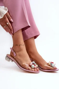 Transparentne Sandały Na Niskim Obcasie Z Ozdobą Różowe D&A MR38-368