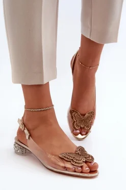 Transparentne Sandały Na Niskim Obcasie Z Motylem Różowe Złoto D&A MR38-388