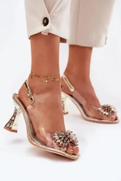 Transparentne Sandały Na Obcasie Z Kryształkami Vinceza 70116 Złote