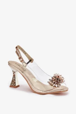 Transparentne Sandały Na Obcasie Z Kryształkami Vinceza 70116 Złote
