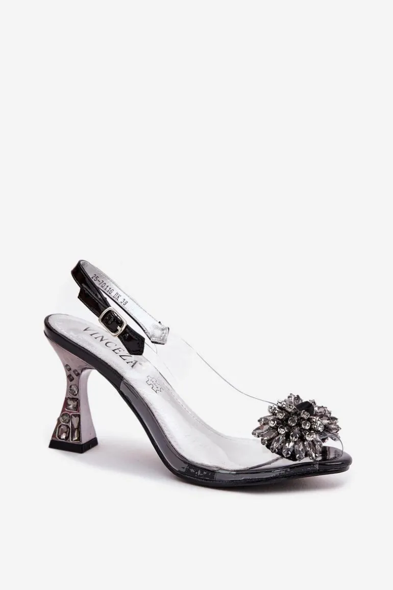 Transparentne Sandały Na Obcasie Z Kryształkami Vinceza 70116 Czarne