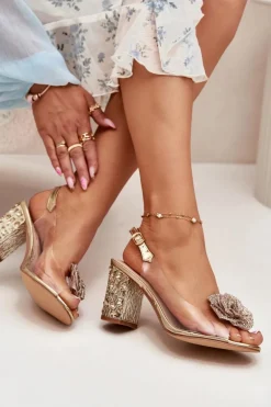Transparentne Sandały Na Słupku Z Kryształkami I Ozdobą D&A MR51-702 Złote