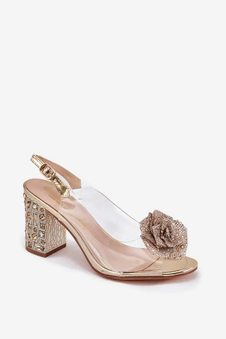 Transparentne Sandały Na Słupku Z Kryształkami I Ozdobą D&A MR51-702 Złote