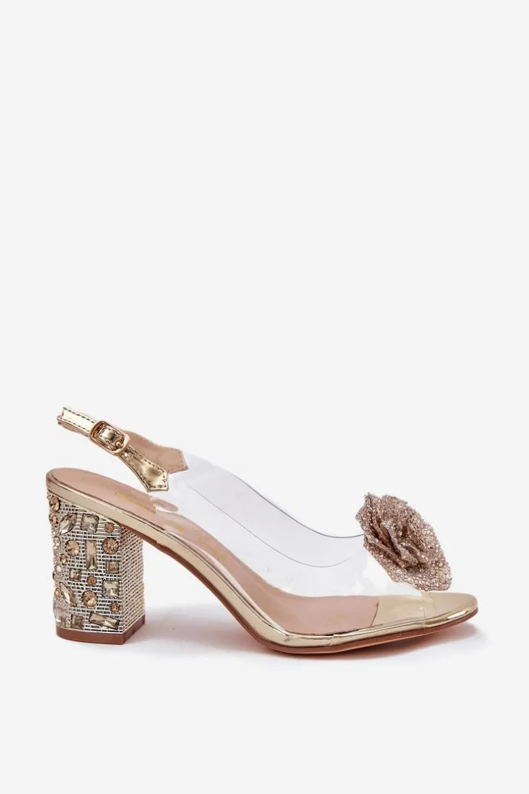 Transparentne Sandały Na Słupku Z Kryształkami I Ozdobą D&A MR51-702 Złote