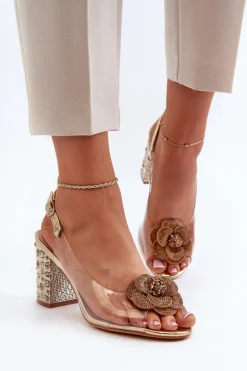 Transparentne Sandały Na Słupku Z Ozdobami S.Barski MR38-356 Złote