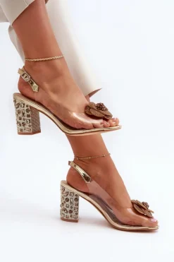 Transparentne Sandały Na Słupku Z Ozdobami S.Barski MR38-356 Złote