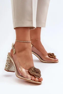 Transparentne Sandały Na Słupku Z Ozdobami S.Barski MR38-356 Złote