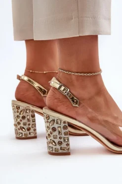 Transparentne Sandały Na Słupku Z Ozdobami S.Barski MR38-356 Złote