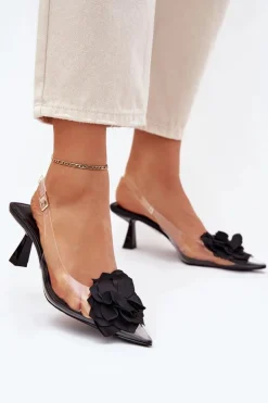 Transparentne Sandały Na Szpilce Z Ozdobnym Kwiatem Czarne Risalie