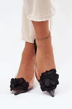 Transparentne Sandały Na Szpilce Z Ozdobnym Kwiatem Czarne Risalie